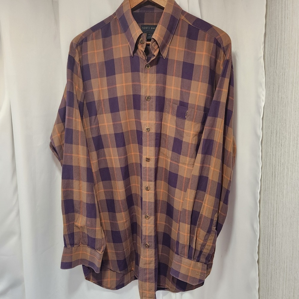 Scott Barber‎ Large Men's Orange Blue Plaid 100% Cotton Long Sleeve Button Down